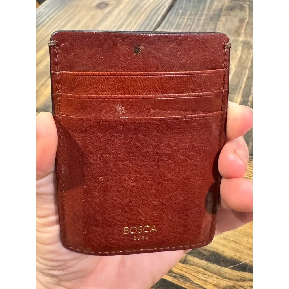 Bosca 1911 Cognac Leather Magnetic Money Clip Front Pocket Card Case Wallet Mens